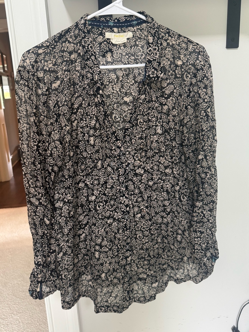 Anthropologie Black and Cream Floral Long-Sleeve Blouse